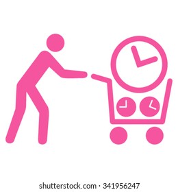 Clock Shopping vector icon. Style is flat symbol, pink color, rounded angles, white background.