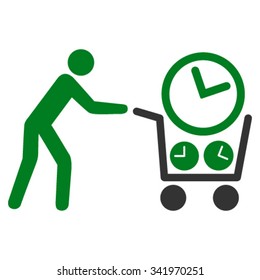 Clock Shopping vector icon. Style is bicolor flat symbol, green and gray colors, rounded angles, white background.
