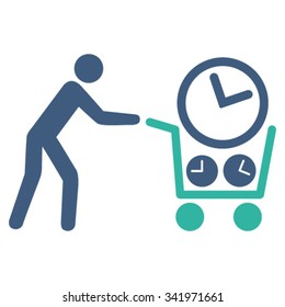 Clock Shopping vector icon. Style is bicolor flat symbol, cobalt and cyan colors, rounded angles, white background.