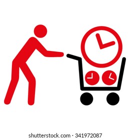 Clock Shopping vector icon. Style is bicolor flat symbol, intensive red and black colors, rounded angles, white background.