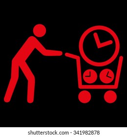 Clock Shopping vector icon. Style is flat symbol, red color, rounded angles, black background.