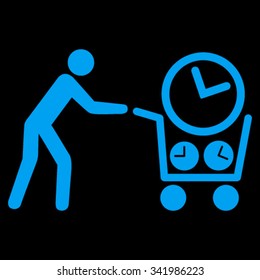 Clock Shopping vector icon. Style is flat symbol, blue color, rounded angles, black background.