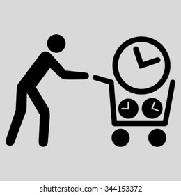Clock Shopping vector icon. Style is flat symbol, black color, rounded angles, light gray background.