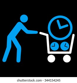 Clock Shopping vector icon. Style is bicolor flat symbol, blue and white colors, rounded angles, black background.
