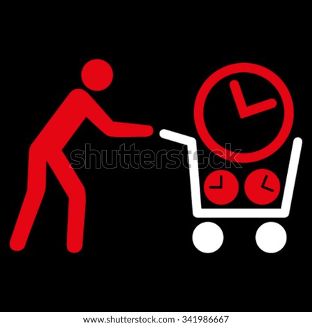 Clock Shopping vector icon. Style is bicolor flat symbol, red and white colors, rounded angles, black background.