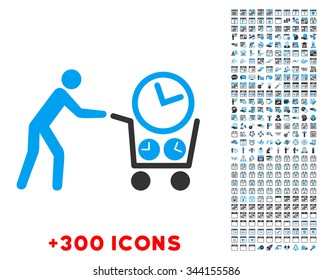 Clock Shopping vector pictogram with additional 300 date and time management icons. Style is bicolor flat symbols, blue and gray colors, rounded angles, white background.