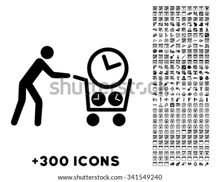 Clock Shopping vector pictogram with additional 300 date and time management icons. Style is flat symbols, black color, rounded angles, white background.