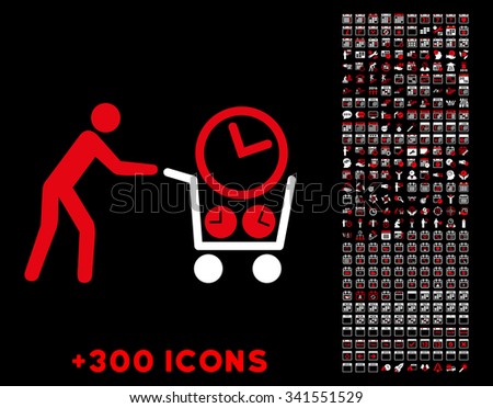 Clock Shopping vector pictogram with additional 300 date and time management icons. Style is bicolor flat symbols, red and white colors, rounded angles, black background.