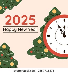 Clock show 5 minutes before the New Year, Christmas trees. Happy New Year. Hand drawing xmas illustration
