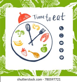 Clock to show time eat concept. Food delivery. Template poster, flyer, banner, web design. Element corporate identity for restaurant, cafe, bar with premium, natural product. Vector illustration