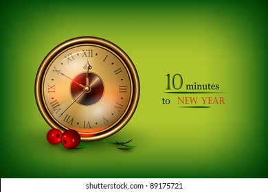 Clock showing 10 minutes about new year decorated with red berries
