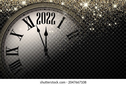 Clock showing 2022 half hidden. Sparkling golden stars and lights confetti. Transparent background. Vector winter holiday illustration.