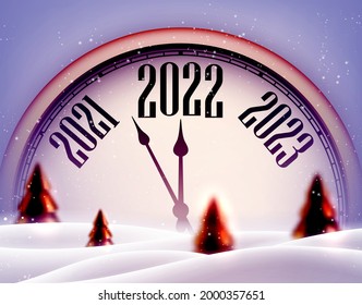 Clock showing 2022 peeking from snowdrift and red firs. Vector winter holiday illustration.