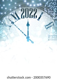 Reloj que muestra 2022 con nieve brillante en fondo azul. Ilustración vectorial de vacaciones de invierno.