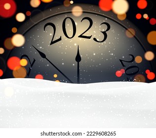 Clock showing 2023 with bokeh lights and snowdrift. Space for text.