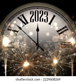 Clock showing 2023 on black background with golden bokeh and fireworks.