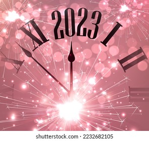 Reloj que muestra 2023 sobre fondo rosado con bokeh y fuegos artificiales.