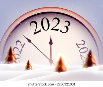 Clock showing 2023 in snowdrift with red fir trees. New year composition.