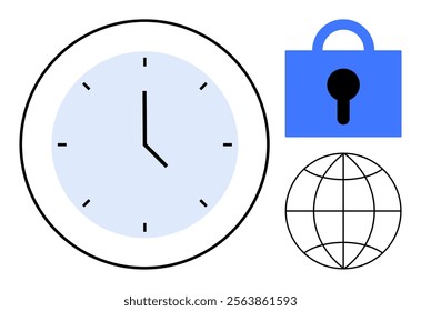 Clock showing 3 oclock a blue lock and a globe. Ideal for time management security global connectivity internet usage and scheduling themes. Simple clear vector style in blue and black