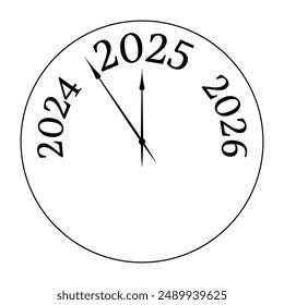 Reloj que muestra 5 minutos antes del Nuevo año 2025 diseño de ícono conceptual de Vector. Nuevo Año noche. 2025 año está cerca y cargando. Manos del reloj mostrando 5 minutos antes de la medianoche.