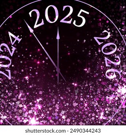 Reloj que muestra 5 minutos antes del Nuevo año 2025 Vector ilustración conceptual. Nuevo Año noche. El año 2025 está cerca. Manos del reloj mostrando 5 minutos antes de la medianoche. Confeti de vacaciones púrpura volando