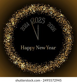 Clock showing 5 minutes before New Year 2025 vector conceptual design. New Year night time. 2025 year is close and loading. Clock hands showing 5 minutes before midnight. Gold confetti circle