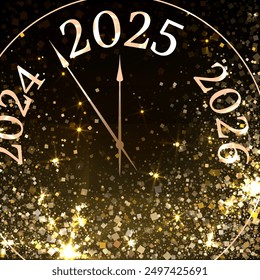 Clock showing 5 minutes before New Year 2025 vector conceptual design with gold confetti. New Year night time. 2025 year is close. Clock hands showing 5 minutes before midnight.