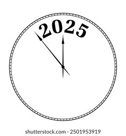 Reloj que muestra 5 minutos antes del Nuevo año 2025 Vector conceptual diseño de iconos. Hora de la noche del Año Nuevo. El año 2025 está cerca y cargando. Manecillas del reloj mostrando 5 minutos antes de la medianoche.