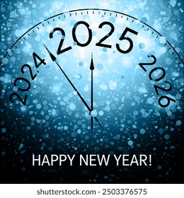 Reloj que muestra 5 minutos antes del Nuevo año 2025 Vector diseño conceptual. Nuevo año noche tiempo azul confeti de nieve. El año 2025 está cerca. Manecillas del reloj mostrando 5 minutos antes de la medianoche.