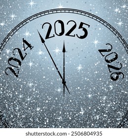 Reloj que muestra 5 minutos antes del Nuevo año 2025 Vector diseño conceptual. Hora de la noche del Año Nuevo. El año 2025 está cerca, confeti de plata. Manecillas del reloj mostrando 5 minutos antes de la medianoche.