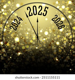 Reloj que muestra 5 minutos antes del Nuevo año 2025 Vector conceptual diseño de confeti de oro. Hora de la noche del Año Nuevo. El año 2025 está cerca. Manecillas del reloj mostrando 5 minutos antes de la medianoche. Colores de oro negro