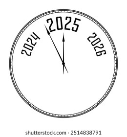 Reloj que muestra 5 minutos antes del Nuevo año 2025 Vector conceptual diseño de iconos. Hora de la noche del Año Nuevo. El año 2025 está cerca y cargando. Manecillas del reloj mostrando 5 minutos antes de la medianoche.