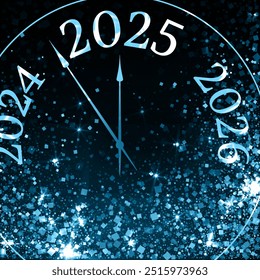 Reloj que muestra 5 minutos antes del Nuevo año 2025 Vector diseño conceptual. Hora de la noche del Año Nuevo. El año 2025 está cerca, confeti de plata azul. Manecillas del reloj mostrando 5 minutos antes de la medianoche.