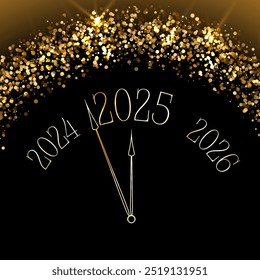 Clock showing 5 minutes before New Year 2025 vector conceptual design. New Year night time. 2025 year is close in gold and black. Clock hands showing 5 minutes before midnight.