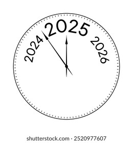 Uhr, die 5 Minuten vor Neujahr 2025 angezeigt wird, Vektordesign mit konzeptionellen Symbolen. Neujahr Nacht Zeit. 2025 Jahr ist nah und laden. Uhrzeiger zeigen 5 Minuten vor Mitternacht.