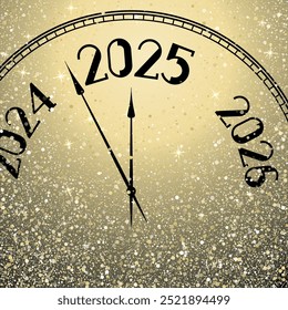 Reloj que muestra 5 minutos antes del Nuevo año 2025 Vector diseño conceptual de oro. Hora de la noche del Año Nuevo. El año 2025 está cerca. Manecillas del reloj mostrando 5 minutos antes de la medianoche. Confeti de oro