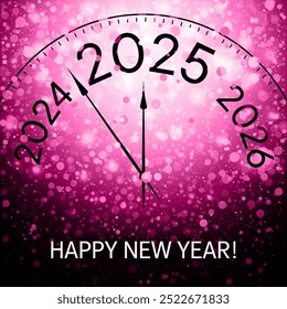 Reloj que muestra 5 minutos antes del Nuevo año 2025 Vector diseño conceptual. Hora de la noche del Año Nuevo. El año 2025 está cerca. Manecillas del reloj mostrando 5 minutos antes de la medianoche. Confeti de magenta rosa