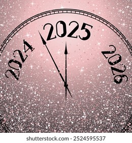 Reloj que muestra 5 minutos antes del Nuevo año 2025 Vector conceptual diseño de iconos. Hora de la noche del Año Nuevo. El año 2025 está cerca y cargando. Manecillas del reloj mostrando 5 minutos antes de la medianoche.