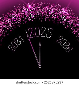 Reloj que muestra 5 minutos antes del Nuevo año 2025 Vector conceptual diseño de iconos. Hora de la noche del Año Nuevo. El año 2025 está cerca y cargando. Manecillas del reloj mostrando 5 minutos antes de la medianoche.