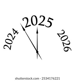 Reloj que muestra 5 minutos antes del Nuevo año 2025 Vector conceptual diseño de iconos. Hora de la noche del Año Nuevo. El año 2025 está cerca y cargando. Manecillas del reloj mostrando 5 minutos antes de la medianoche.