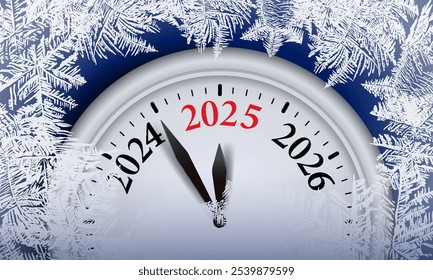 Uhr, die 5 Minuten vor Neujahr 2025 zeigt, Vektordesign. Neujahr Nacht Zeit.