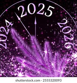 Clock showing 5 minutes before New Year 2025 vector illustration with fir tree branch. New Year night. 2025 year is close. Clock hands showing 5 minutes before midnight. Purple holiday confetti flying