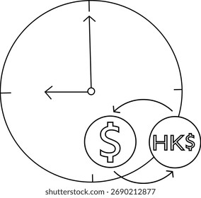 Un reloj que muestra 900 con símbolos de dólar de EE. UU. y Hong Kong conectados por flechas