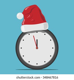 Clock showing almost midnight with red Santa's Christmas hat on top of it. EPS 8 vector illustration, no transparency