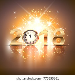 Clock, showing almost Twelve 'O'clock on orange background for Happy New Year celebration. New Year card snowy luminous particles, lights and bokeh.