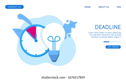 A clock showing an approaching deadline and a light bulb as a symbol of an idea. Flat vector illustration. Well suited for business or educational topics.