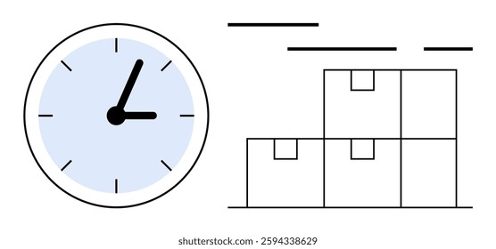 Clock showing efficient time management alongside stacked boxes representing organized inventory. Ideal for logistics, warehouse management, supply chain optimization, time management workflows
