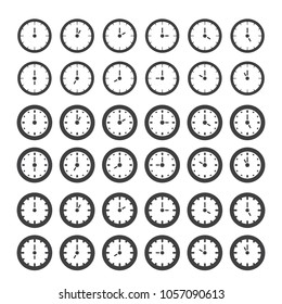 Clock showing every hour icon set. Vector illustration.