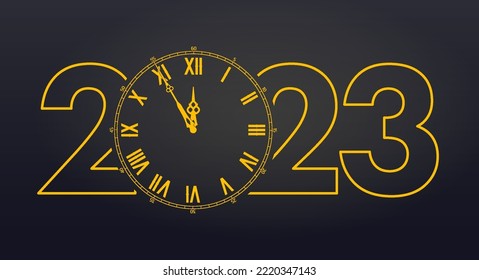 Clock showing five minutes to twelve. Merry Christmas and happy New Year 2023 background. Christmas greeting card template. Vector illustration.