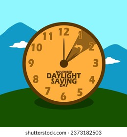 A clock showing the clock going back one hour with a mountainous background, with bold text to commemorate Daylight Saving Day on November
